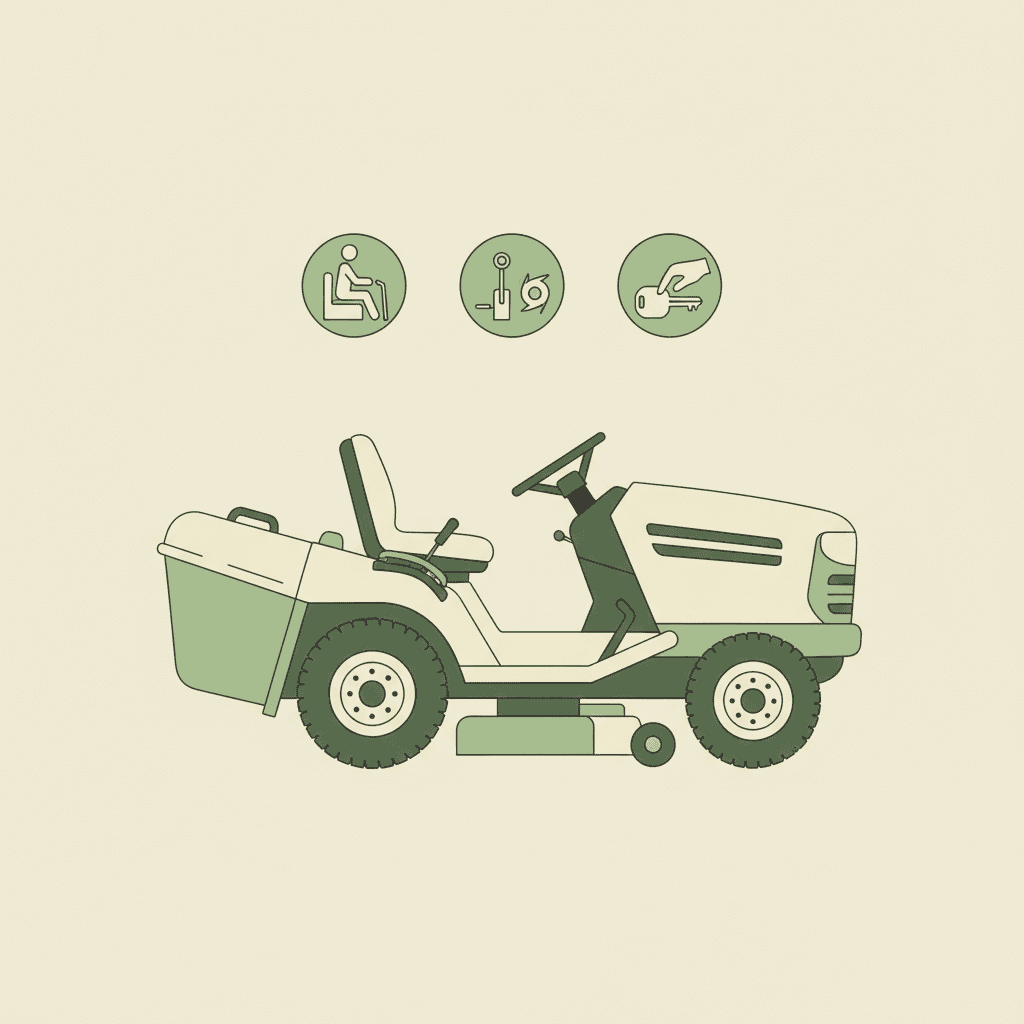 Illustration of a riding mower with three step icons showing seat, blade off, and key turn