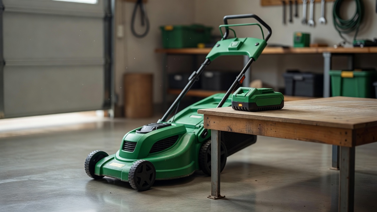 A cordless electric lawn mower next to a workbench with its battery on the charger.