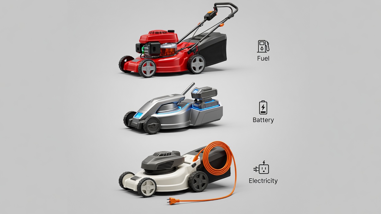 Identify Your Ryobi Mower Type Three Ryobi mower types displayed vertically showing gas, battery, and corded electric models