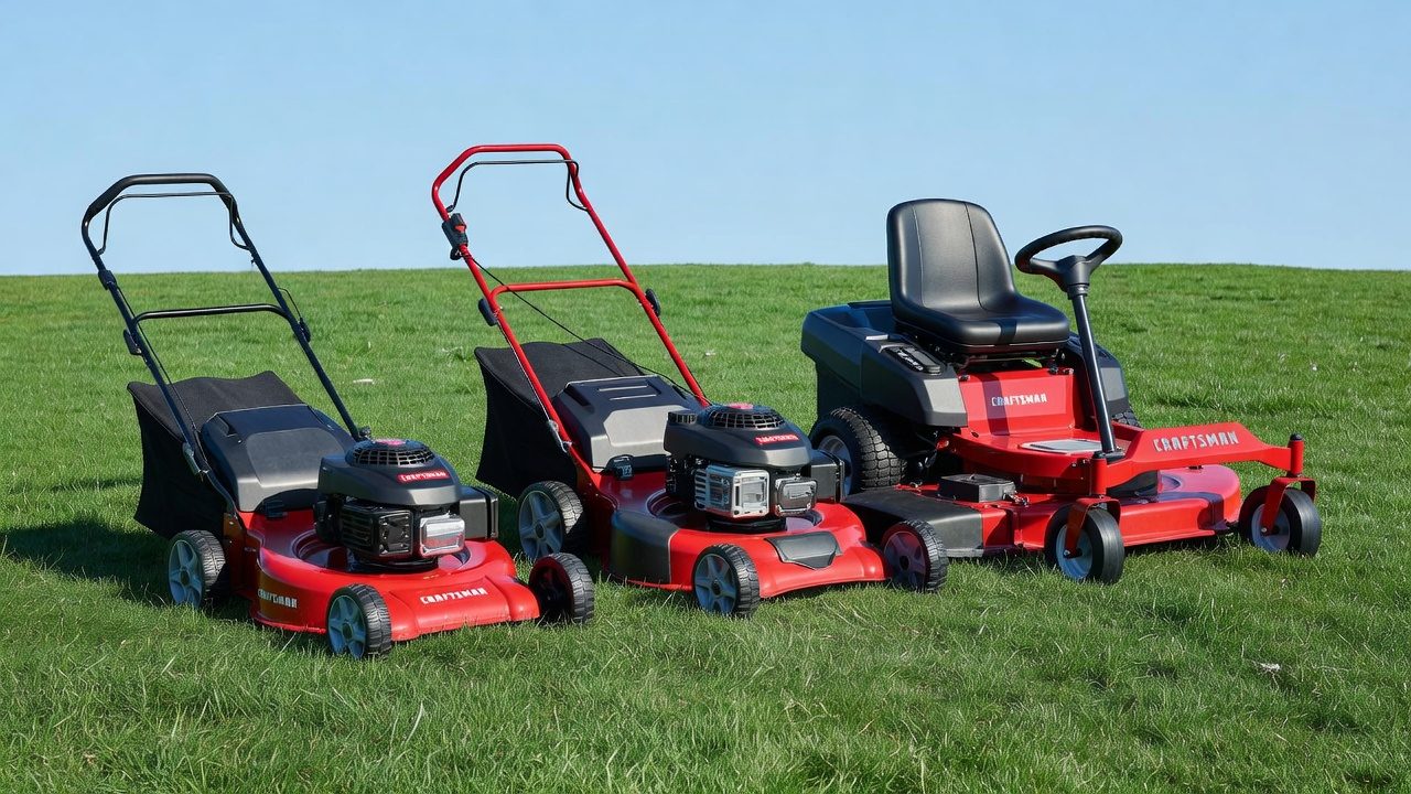 Three types of Craftsman lawn mowers: push, self-propelled, and riding models