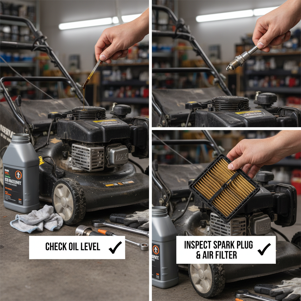 Pre-start maintenance checks including oil, spark plug, and air filter inspection