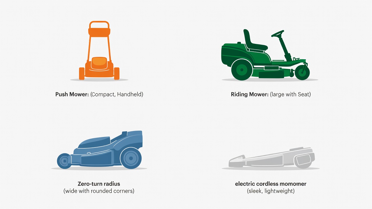 Understanding Your Toro Mower Type Silhouettes of four mower types: push, riding, zero-turn, and electric