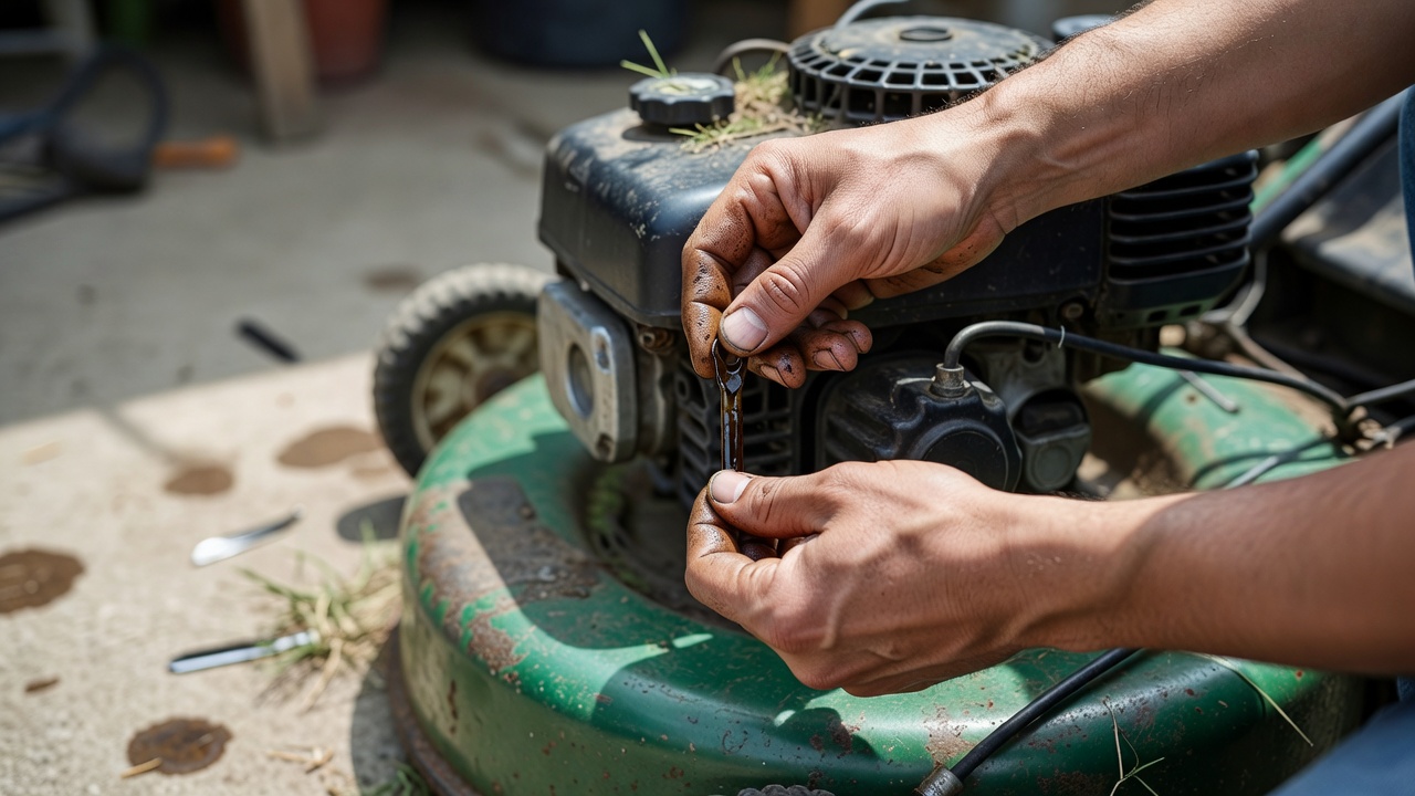Hands checking oil dipstick on a lawn mower engine