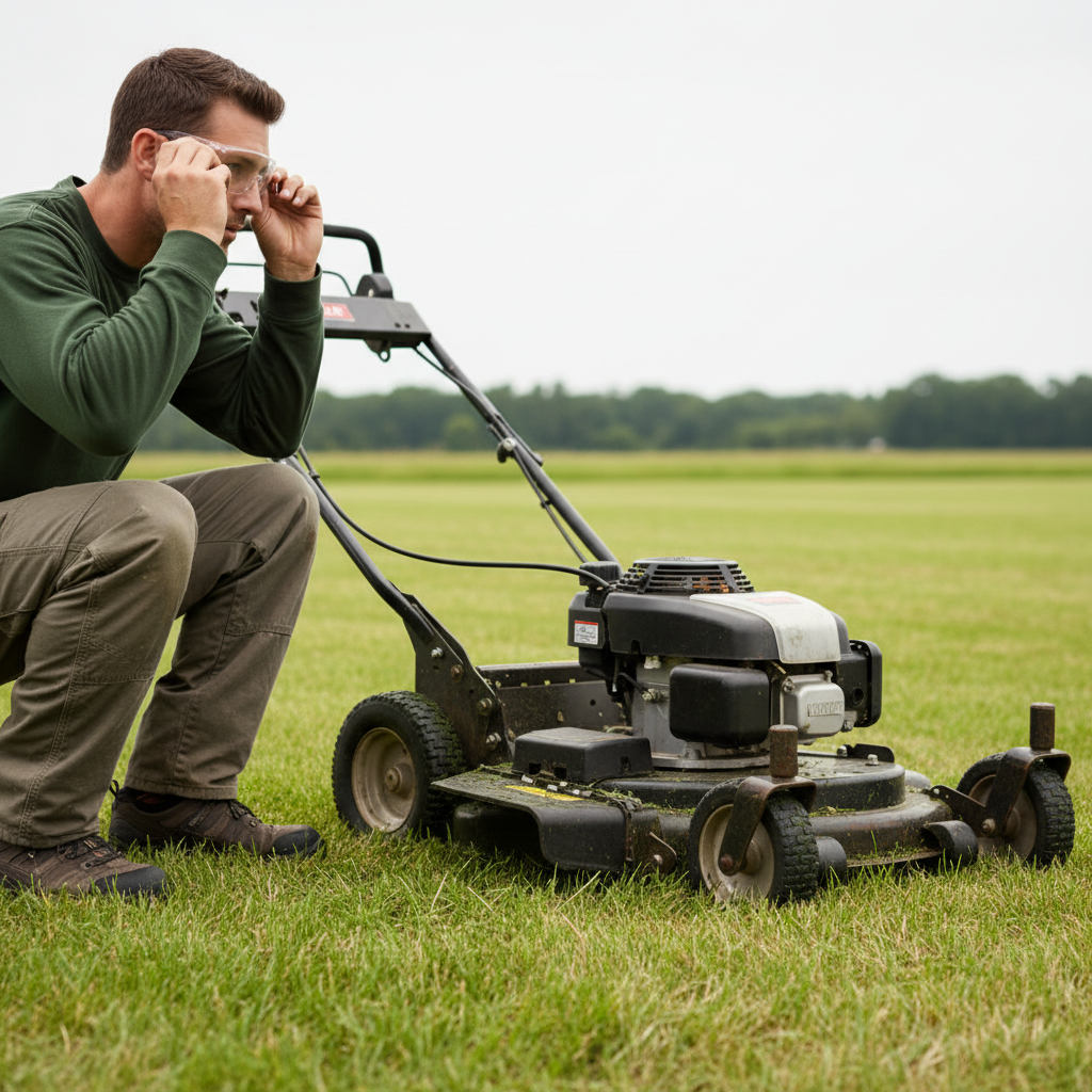 Person putting on safety glasses beside a parked walk-behind mower on an empty lawn