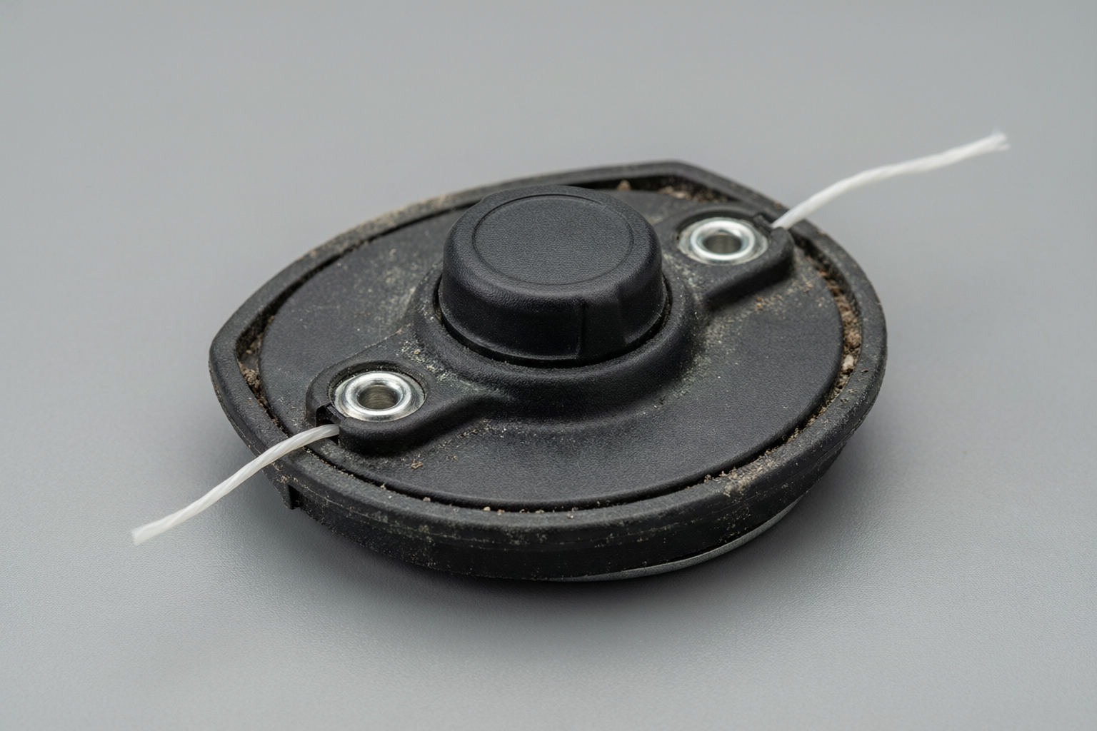Close-up of a bump-feed trimmer head with the knob and two line tails visible.