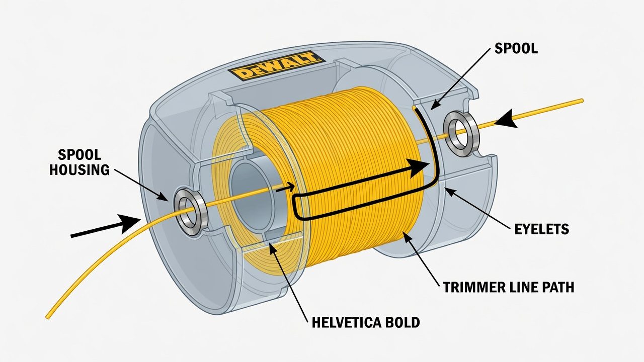 Cross-section diagram of DeWalt trimmer head showing spool, housing, and line feed path