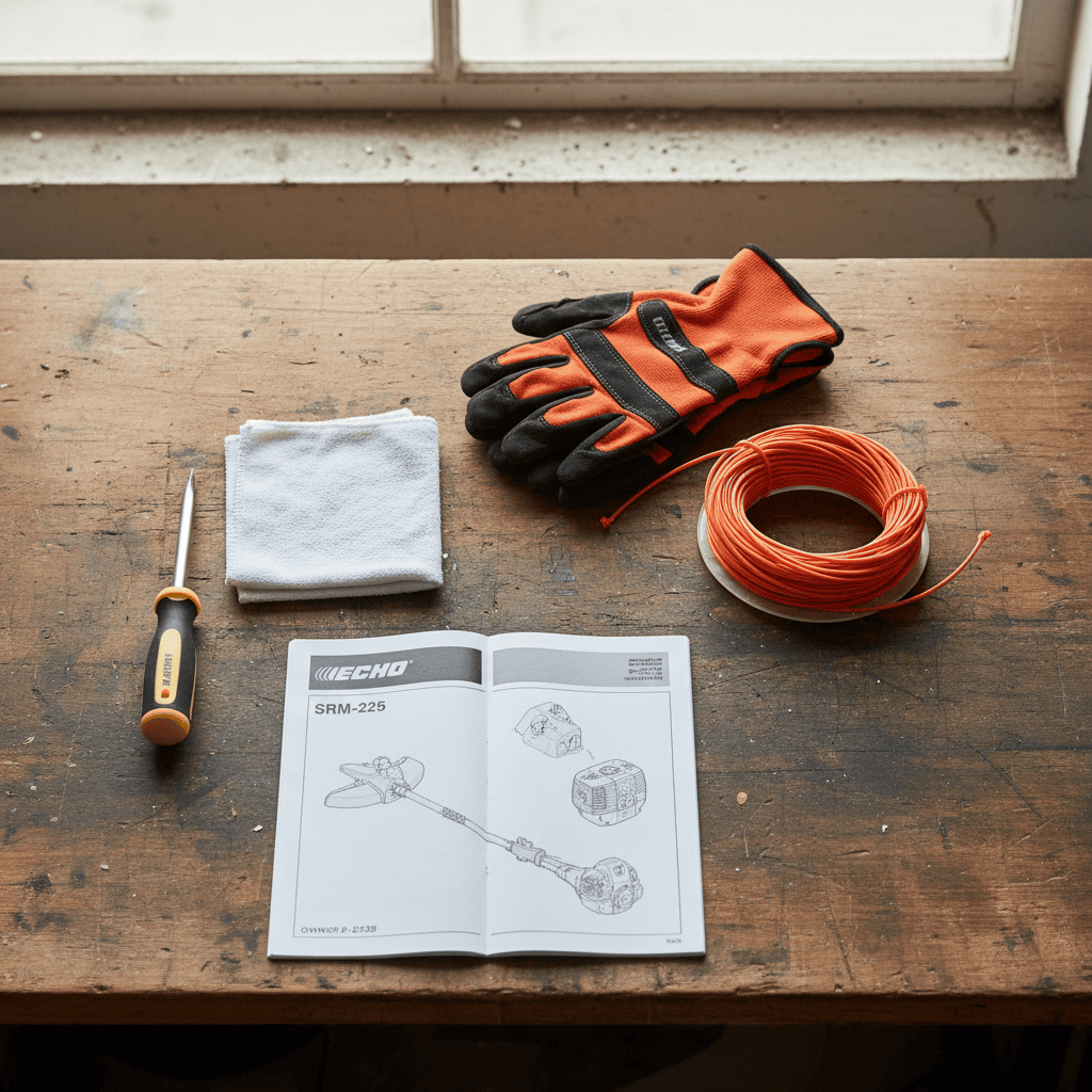 Trimmer maintenance tools and safety equipment laid out on workbench