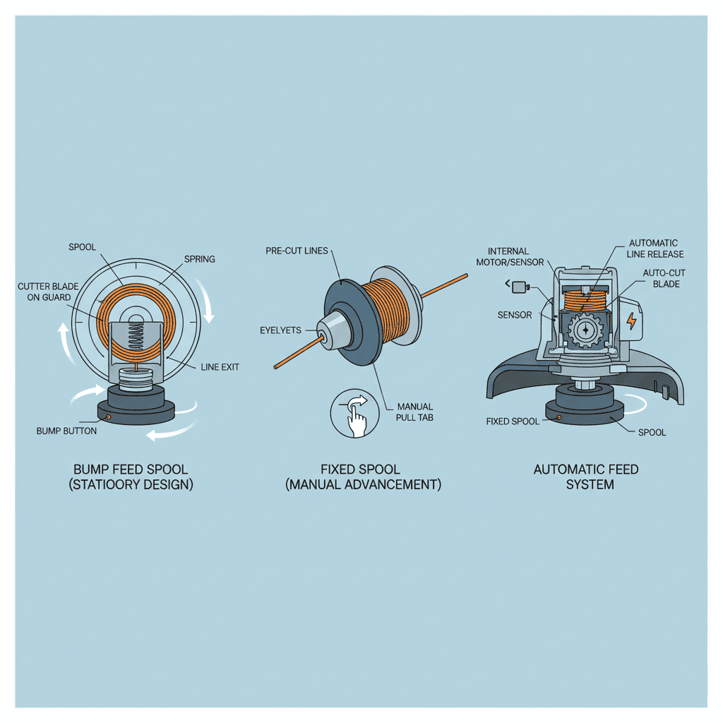 Three types of trimmer head spools shown in cross-section comparison