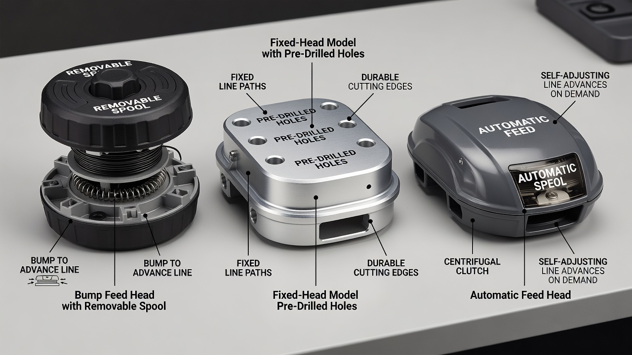 Understanding Your Trimmer Type Three types of trimmer heads compared: bump feed, fixed-head, and automatic feed models