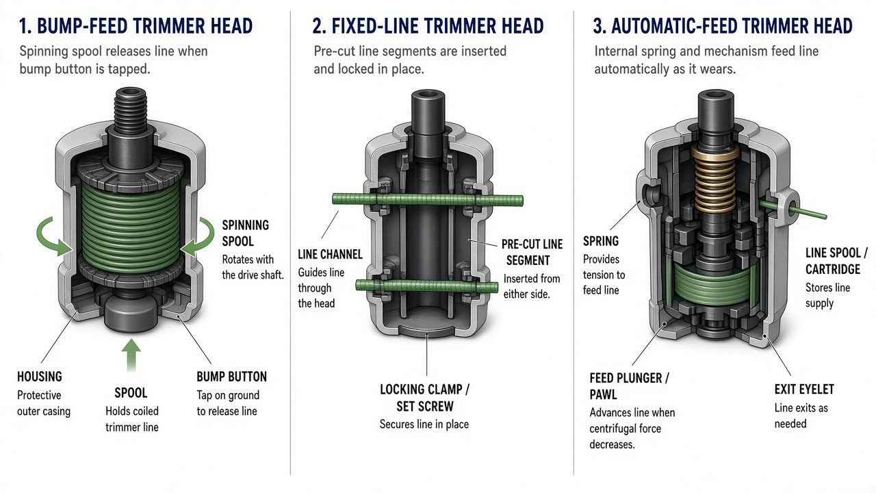 Understanding Your Weed Eater and Trimmer Head Cross-section comparison of three trimmer head types showing internal mechanisms