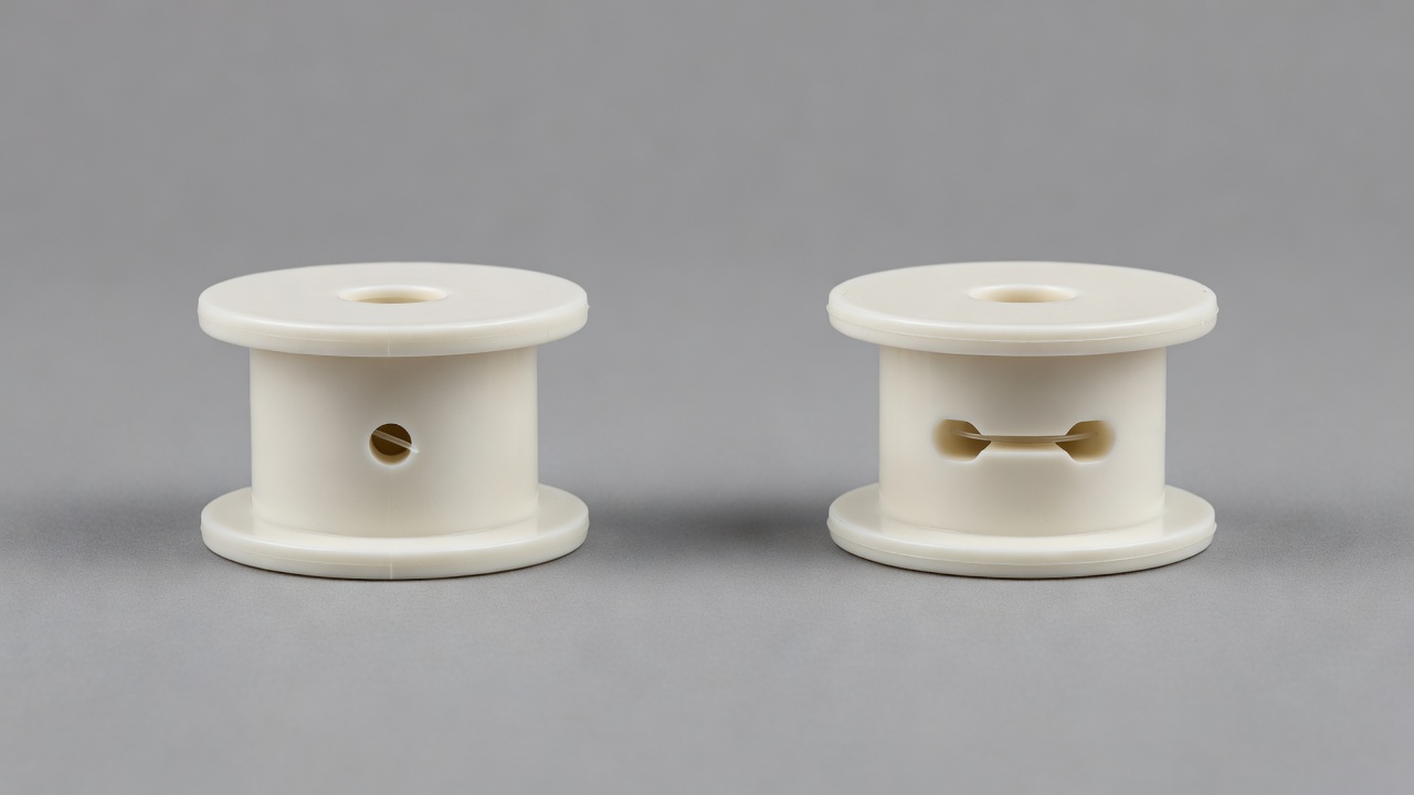 Side-by-side comparison of single-hole and dual-hole weed eater trimmer spools on a neutral surface