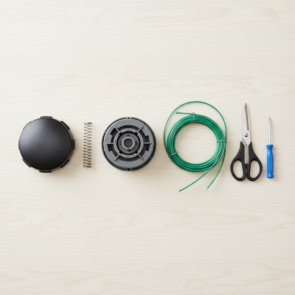 How to String a Weed Eater with Two Holes: Step-by-Step Guide Overhead view of disassembled weed eater head parts and trimmer line arranged on a workbench