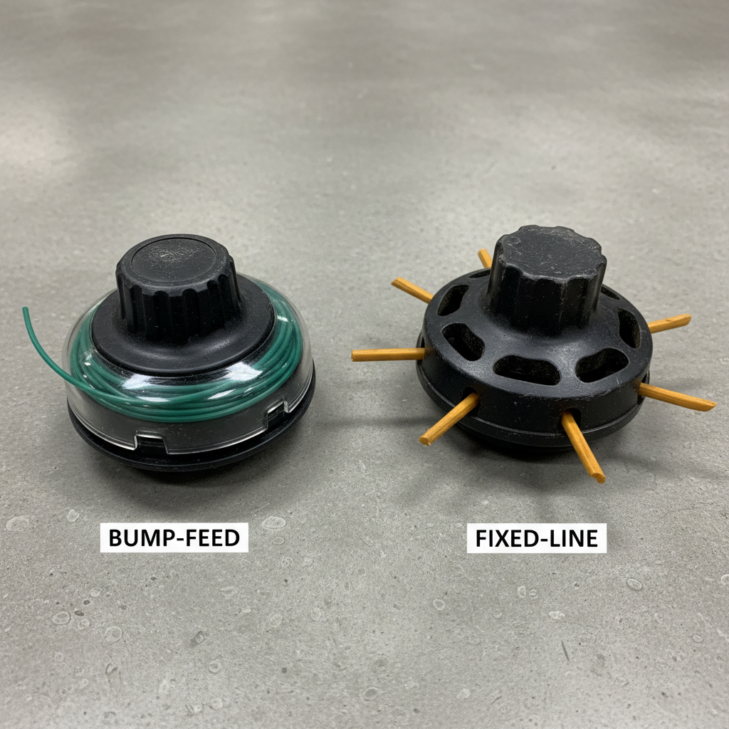 Comparison of a bump-feed trimmer head and a fixed-line trimmer head.