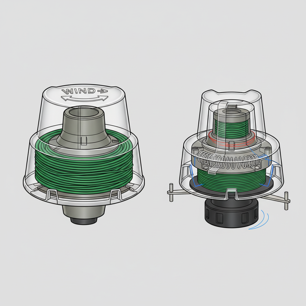 Comparison of fixed spool head versus bump-feed auto-advance head internal mechanisms