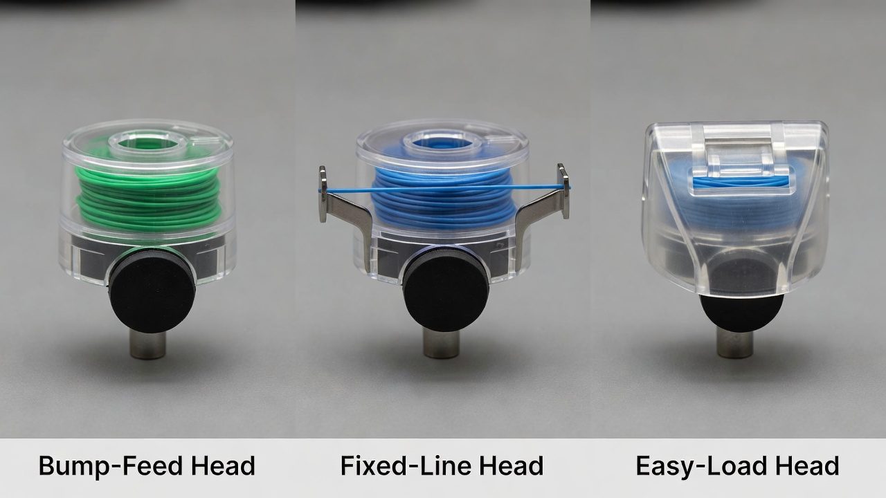 Three types of trimmer heads: bump-feed, fixed-line, and easy-load designs