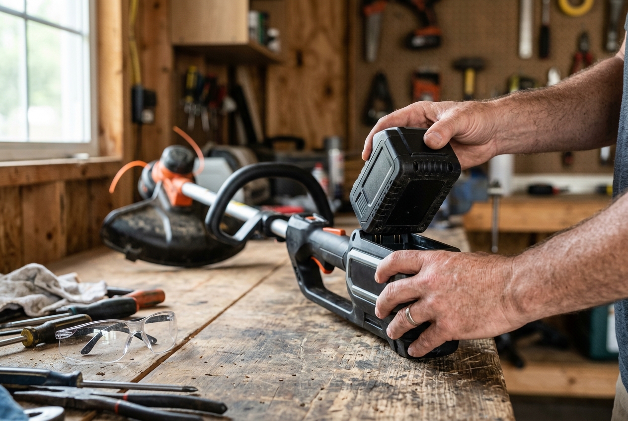 Hands removing the battery from a still cordless string trimmer before touching the cutting head.