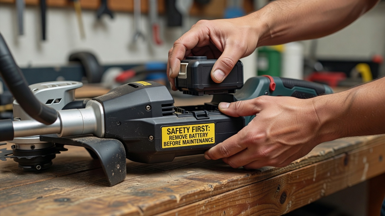 A hand removing the battery from a cordless string trimmer.