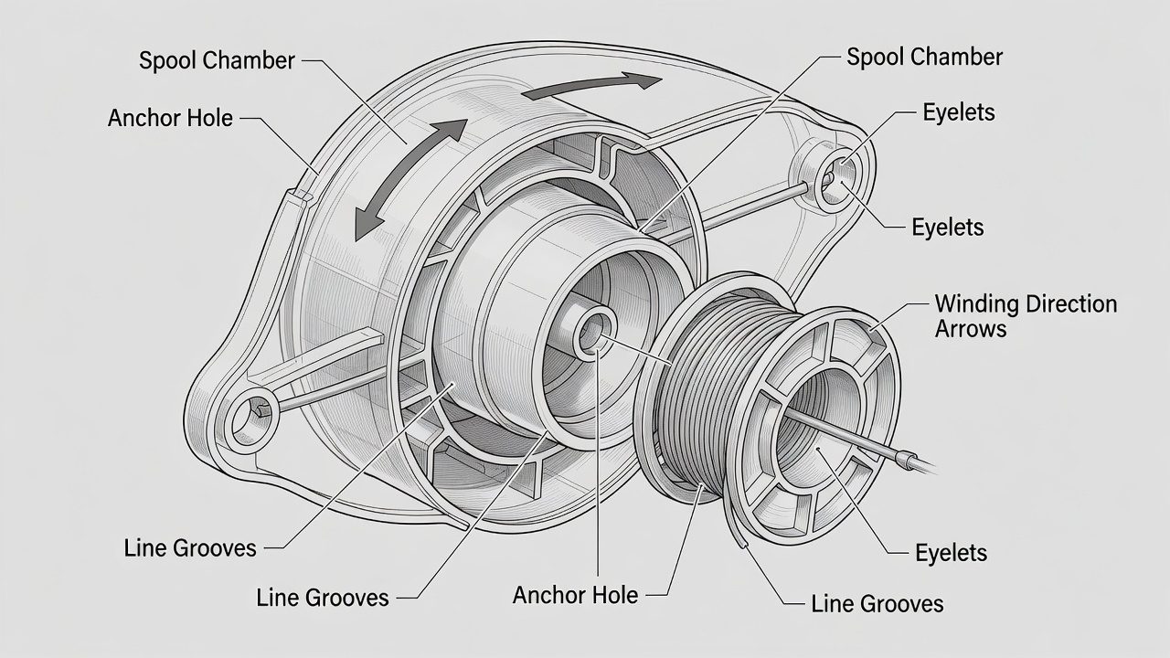 Internal anatomy of a bump-head trimmer spool showing anchor hole and winding direction