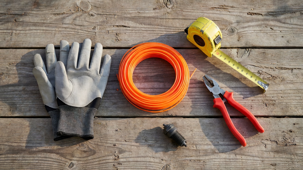 How Do You String a Weed Whacker? (Step-by-Step Guide for Any Trimmer) Safety supplies for restringing a weed whacker including gloves, trimmer line, tape measure, wire cutters, and spark plug boot