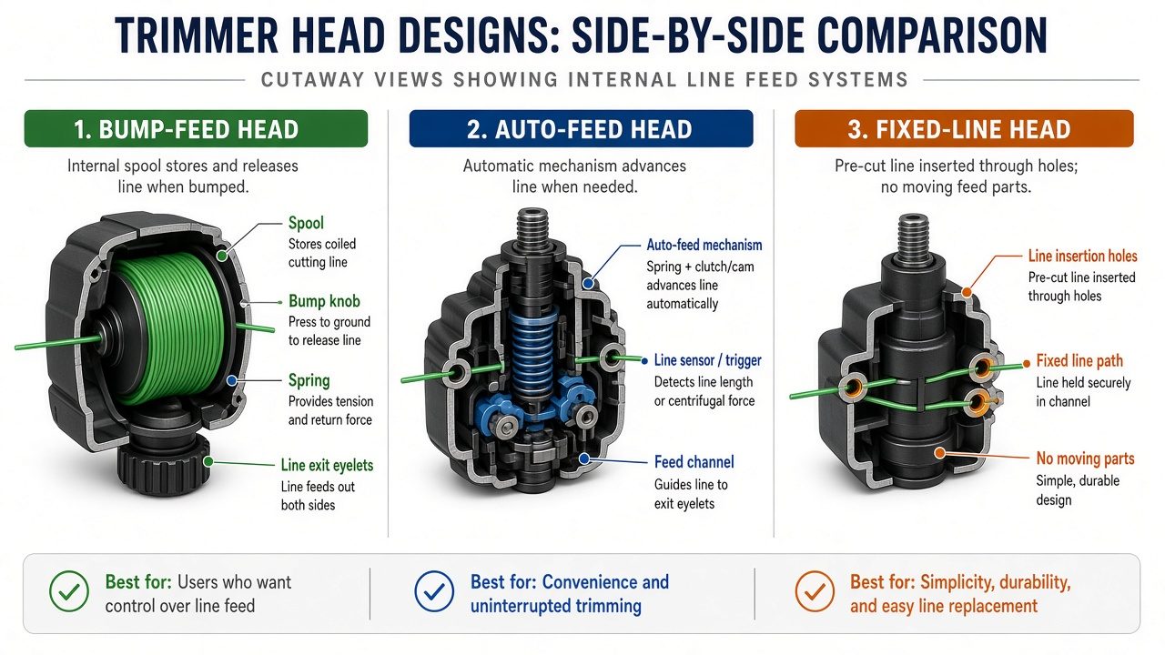 Three types of trimmer heads shown in comparison: bump-feed, auto-feed, and fixed-line designs