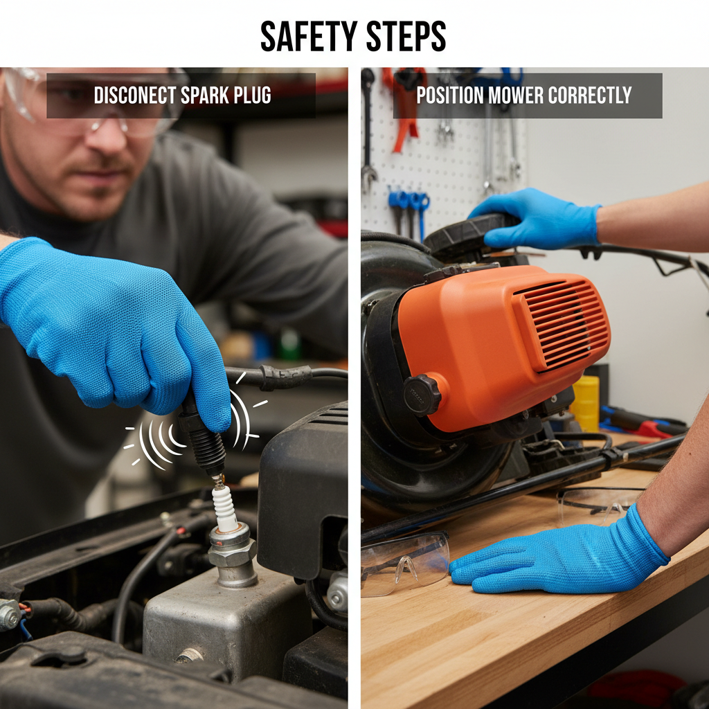 Safety steps for lawnmower maintenance: disconnecting spark plug and positioning mower correctly