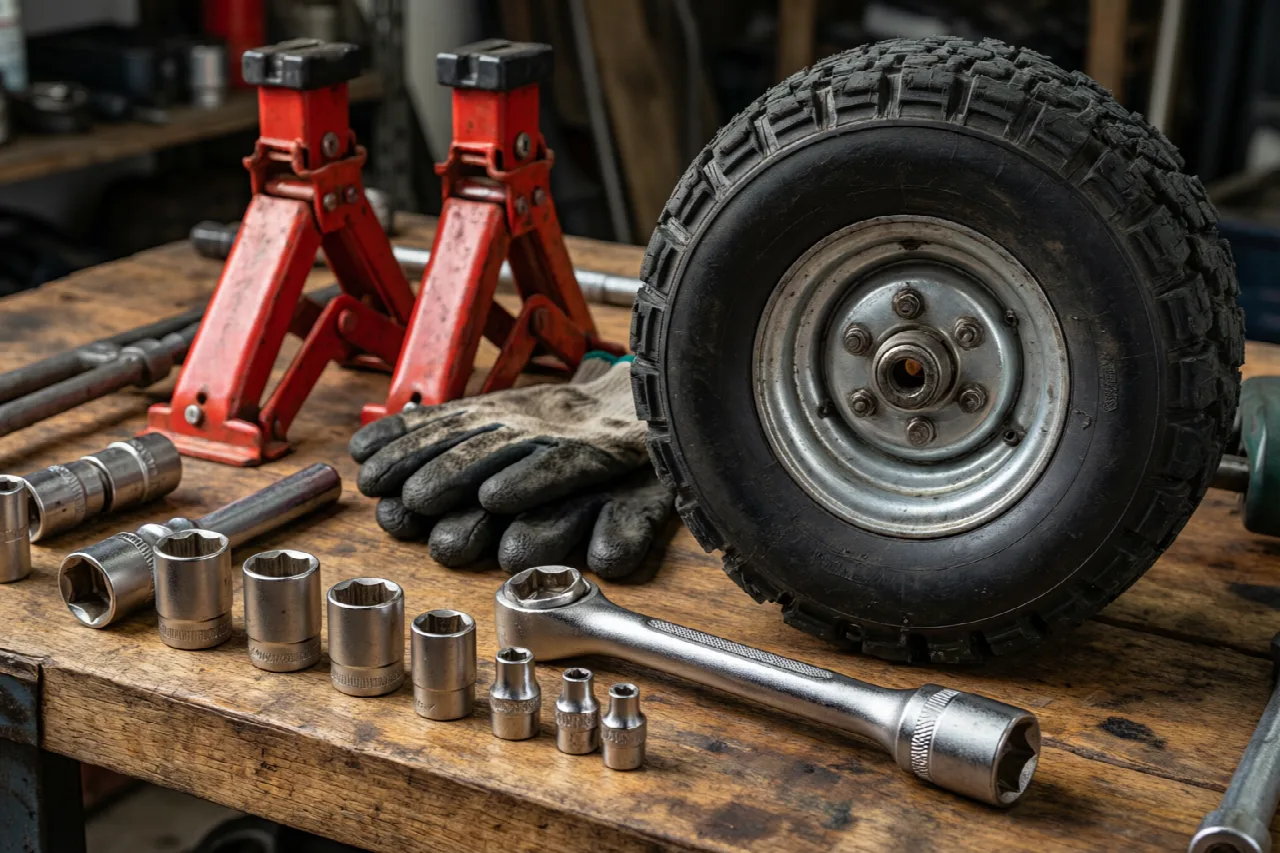 Collection of tools needed for lawn mower tire removal
