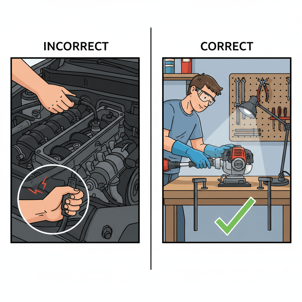 Safety precautions for weed eater head removal including spark plug disconnection, protective equipment, and proper work setup