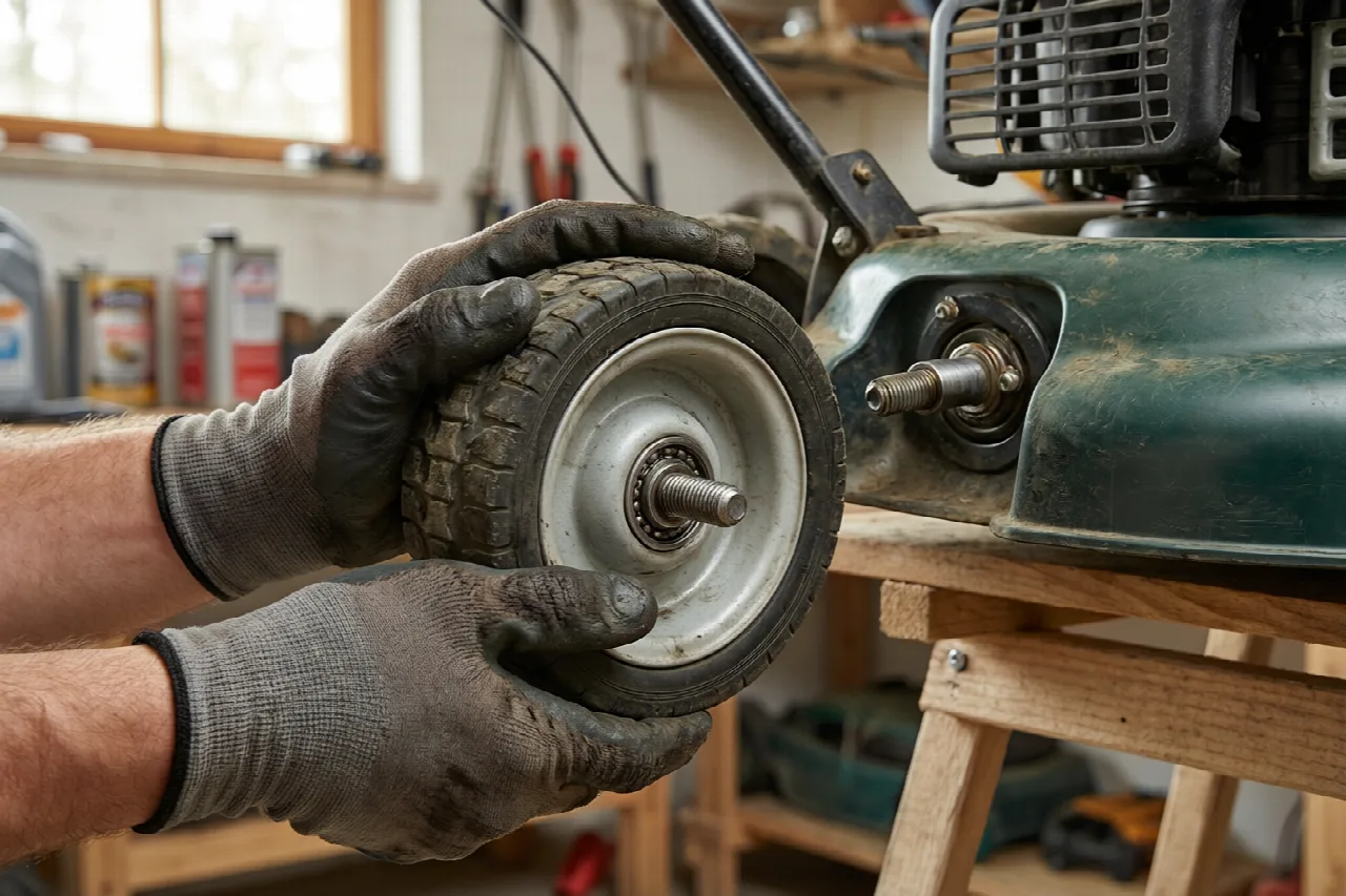 How to Take a Lawn Mower Tire Off Hands pulling a lawn mower wheel off the axle