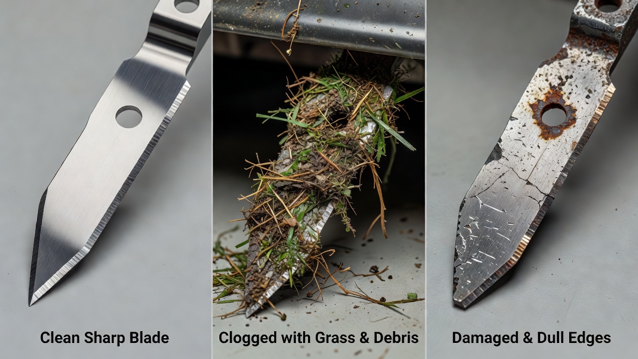 Three lawn mower blades showing clean condition, debris buildup, and dull/damaged condition
