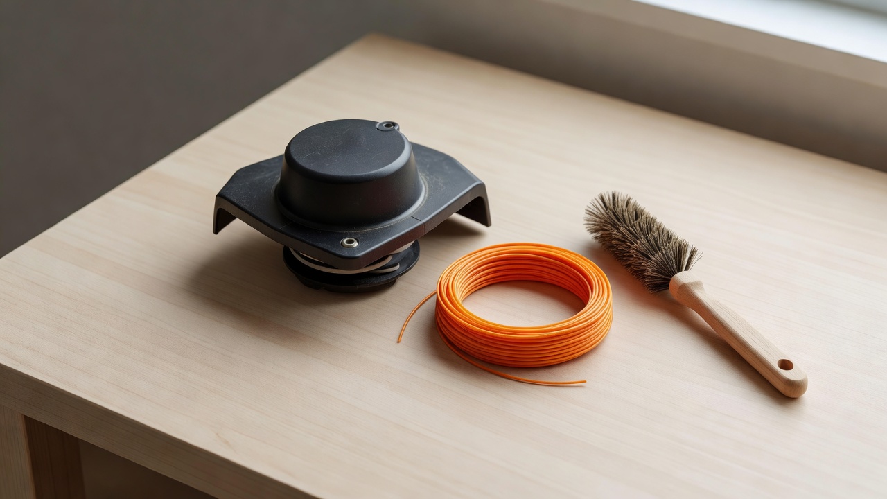 Trimmer head and maintenance supplies laid out on a workbench.
