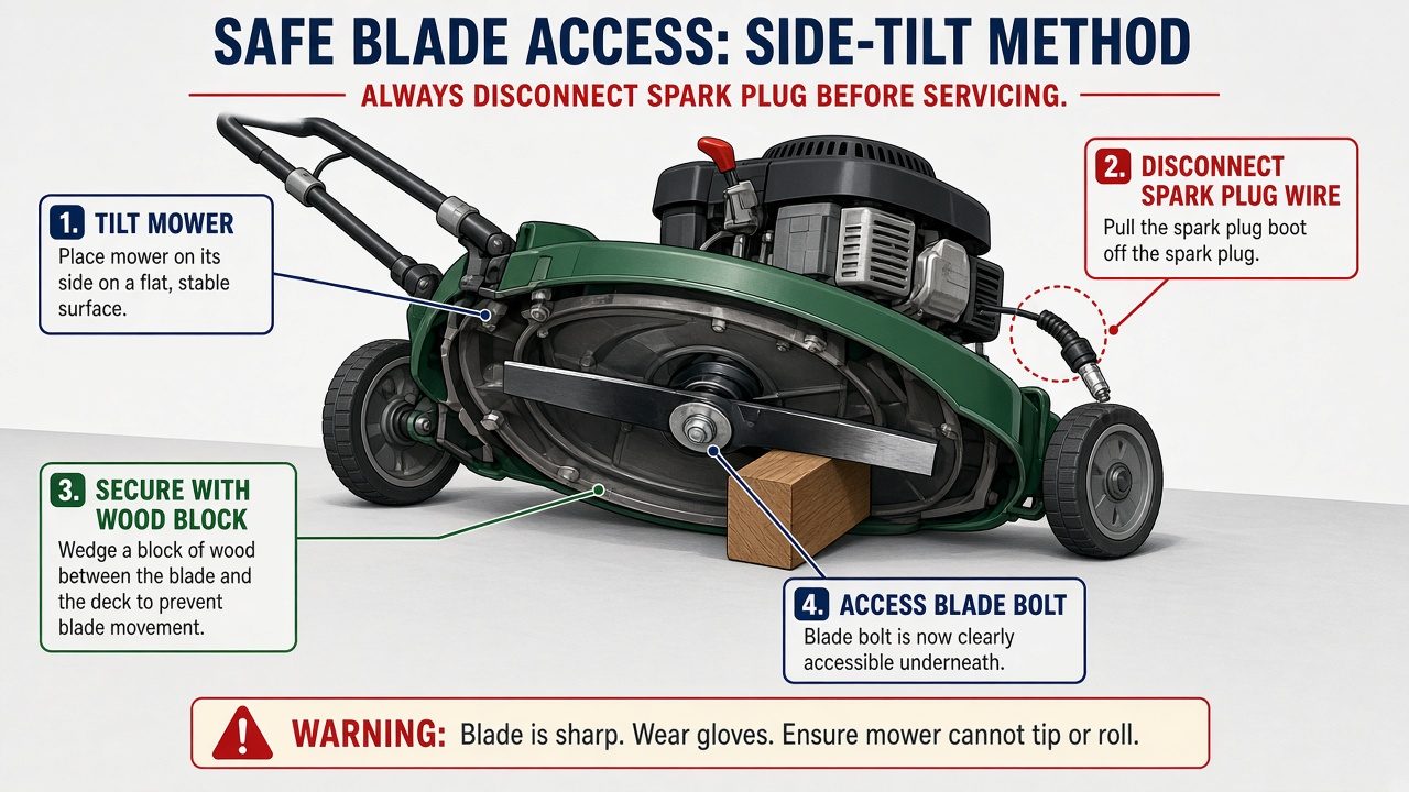 How to Safely Remove a Lawn Mower Blade Lawn mower tilted on its side with blade secured by wood block and spark plug wire disconnected