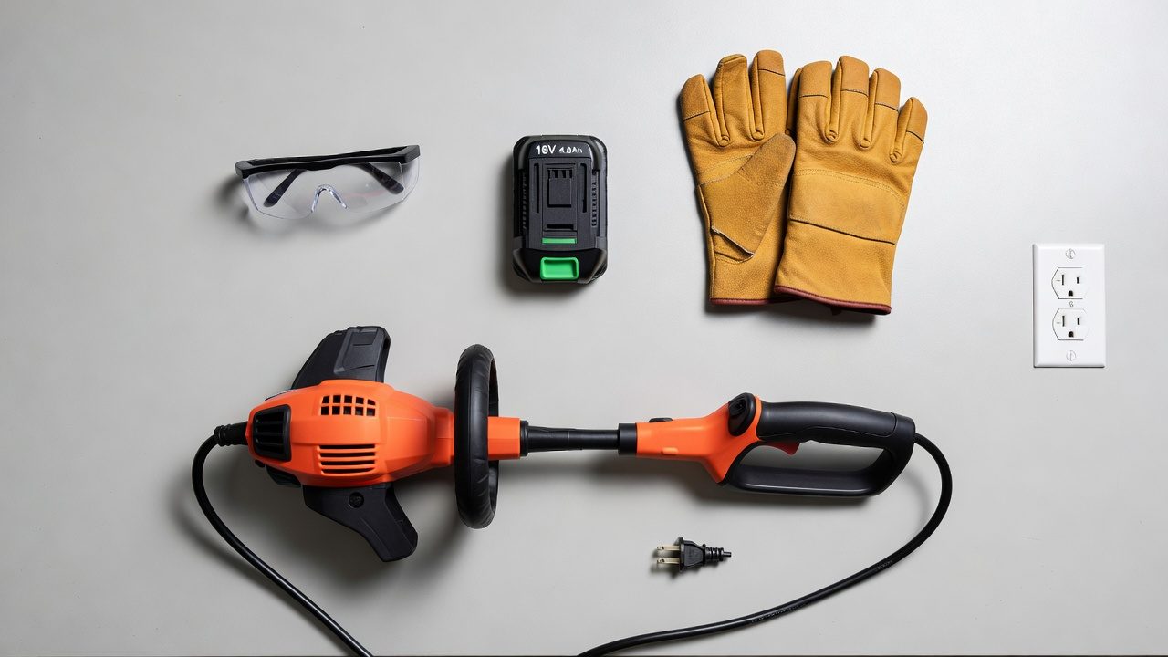 Safety equipment laid out for weed eater head removal including glasses, gloves, and unplugged power source