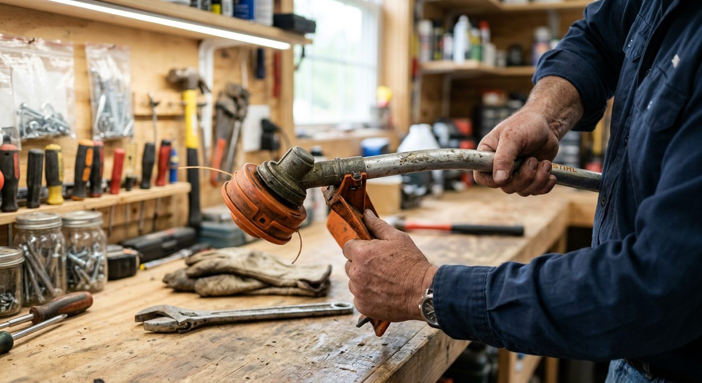 Hands holding a weed eater shaft near the cutting head on a workbench