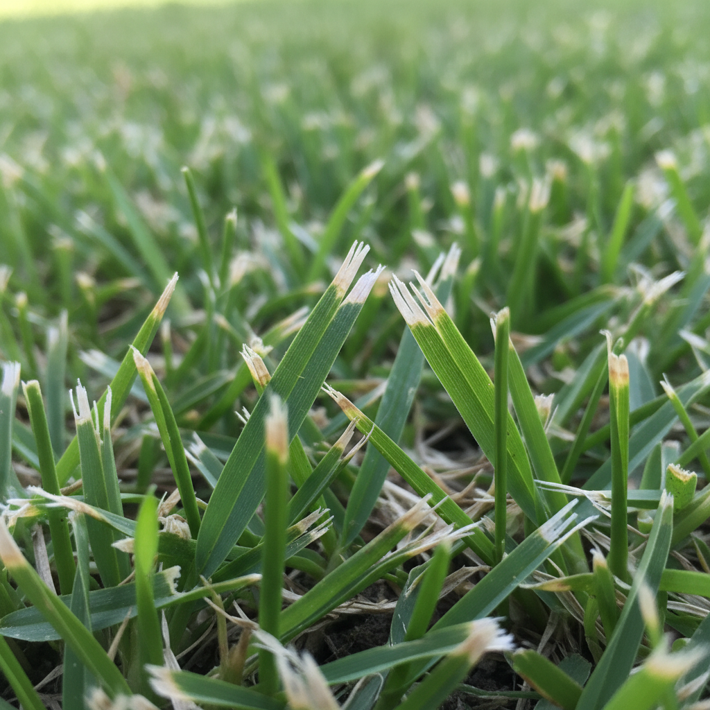 Close-up of ragged, frayed grass tips on a freshly mowed lawn