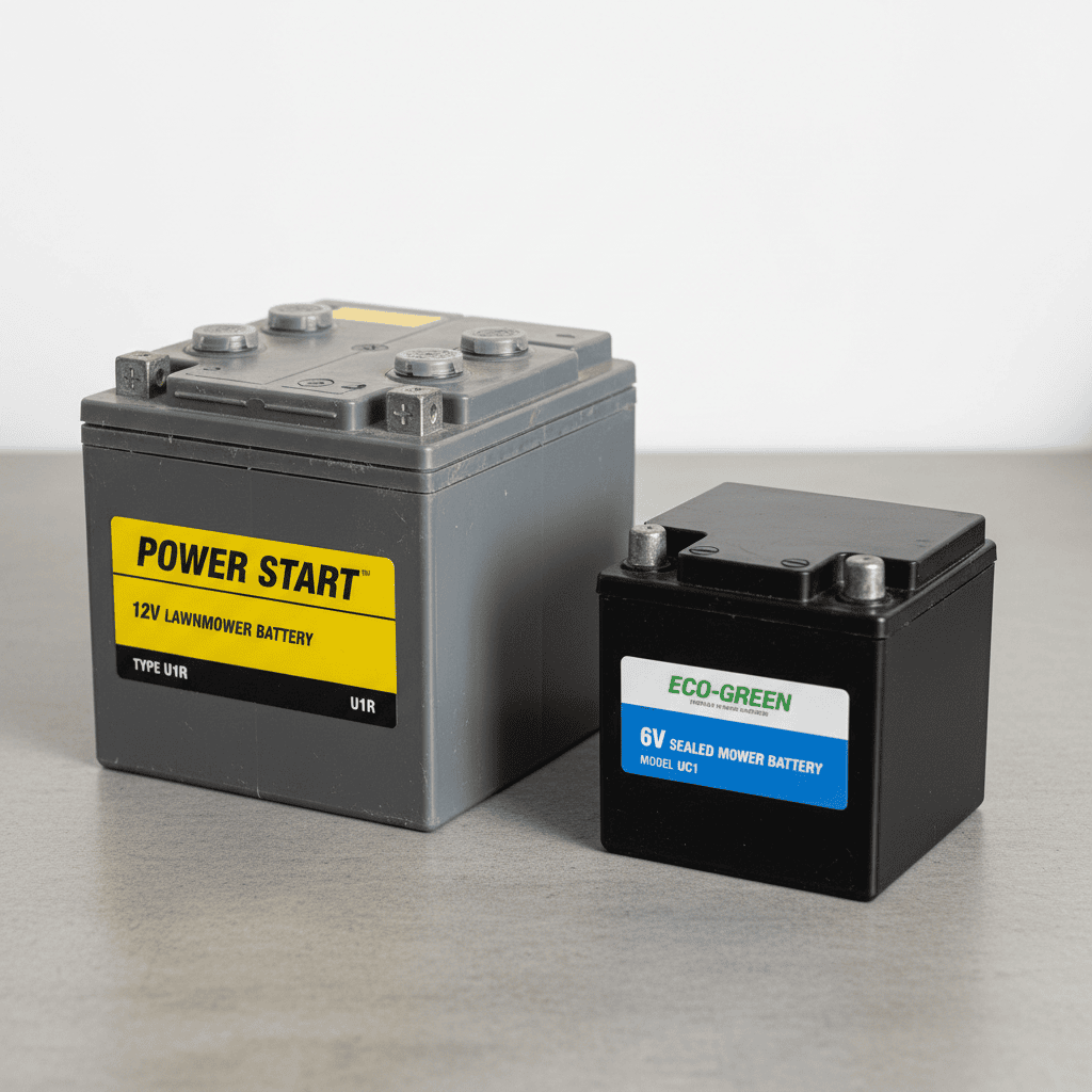 Comparison of a 12-volt and a 6-volt lawn mower battery, showing flooded and sealed types.