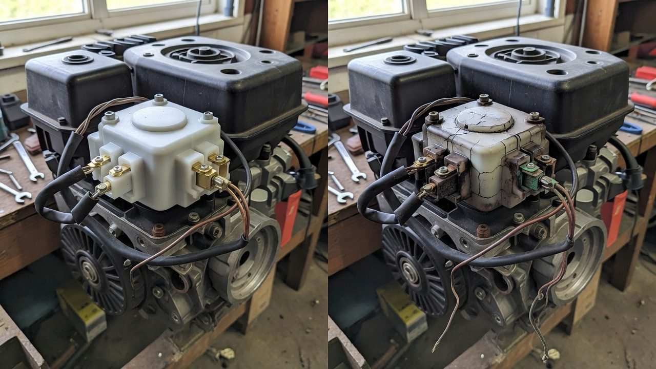 Side-by-side comparison of a healthy ignition coil versus a failed coil showing damage and corrosion