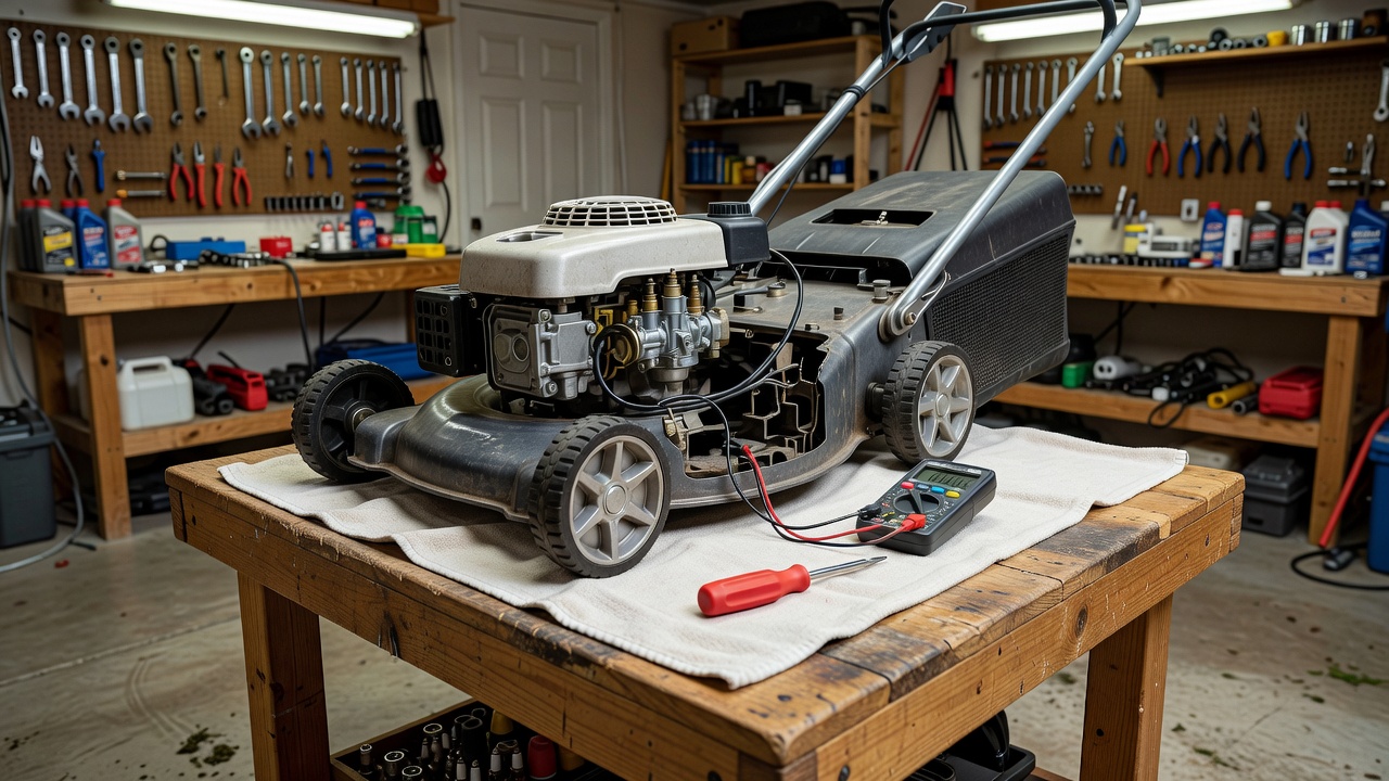 How to Test a Lawn Mower Ignition Coil: Step-by-Step Guide for Homeowners Lawn mower engine with multimeter and tools laid out on a workbench