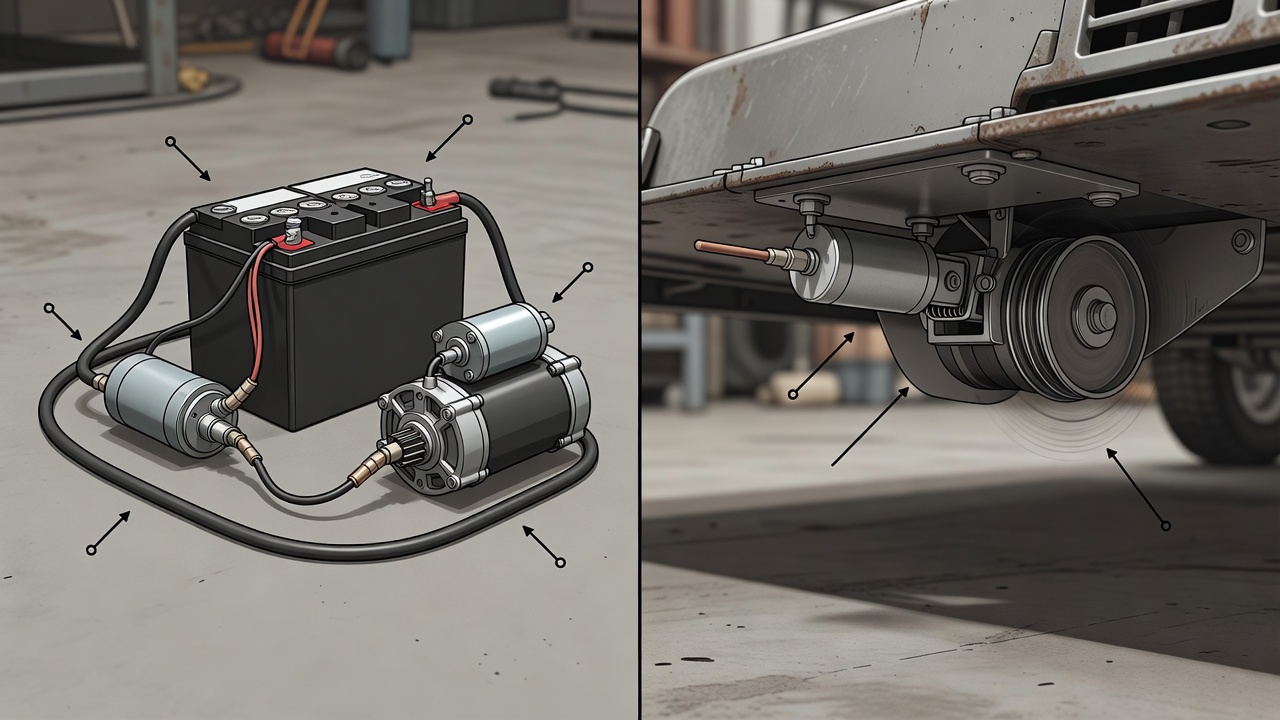 Side-by-side view of a starter solenoid near the battery and a PTO interlock solenoid under a mower deck