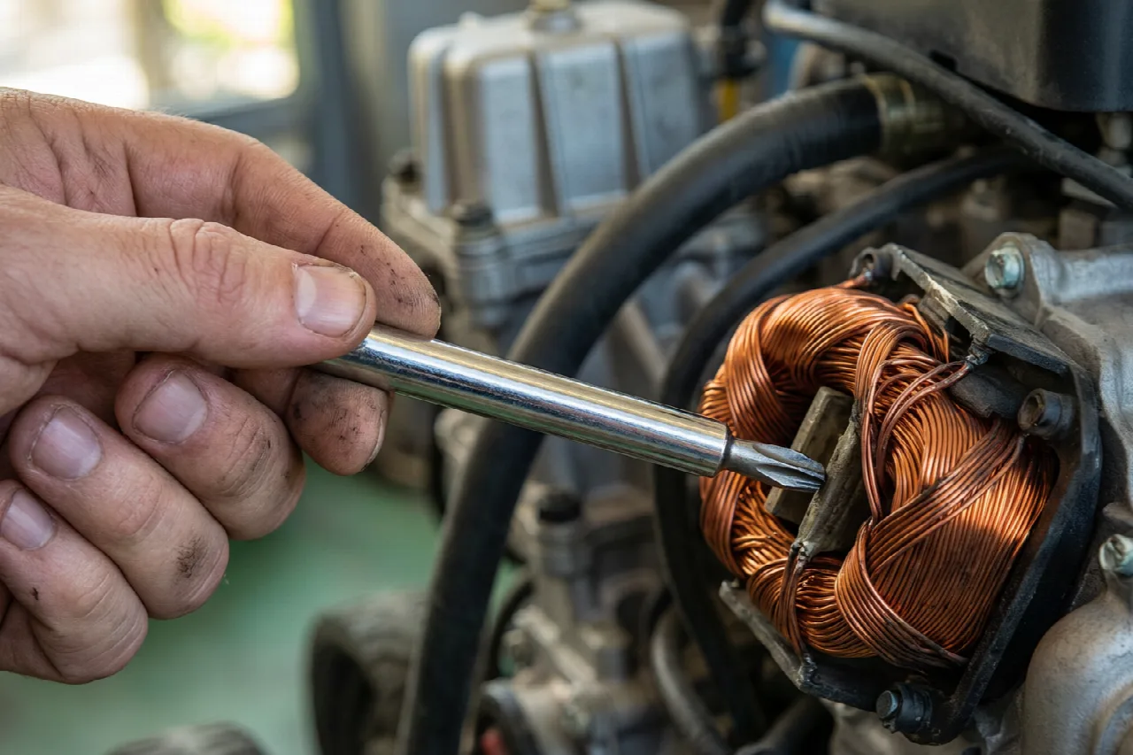 How to Test a Lawn Mower Solenoid with a Screwdriver (2026) Steel screwdriver positioned near the solenoid coil to detect magnetic field