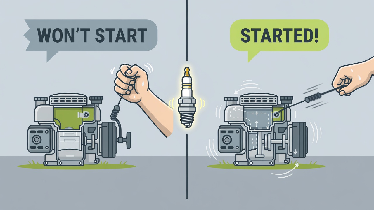 Comparison of lawn mower starting failure versus successful start with spark plug highlighted