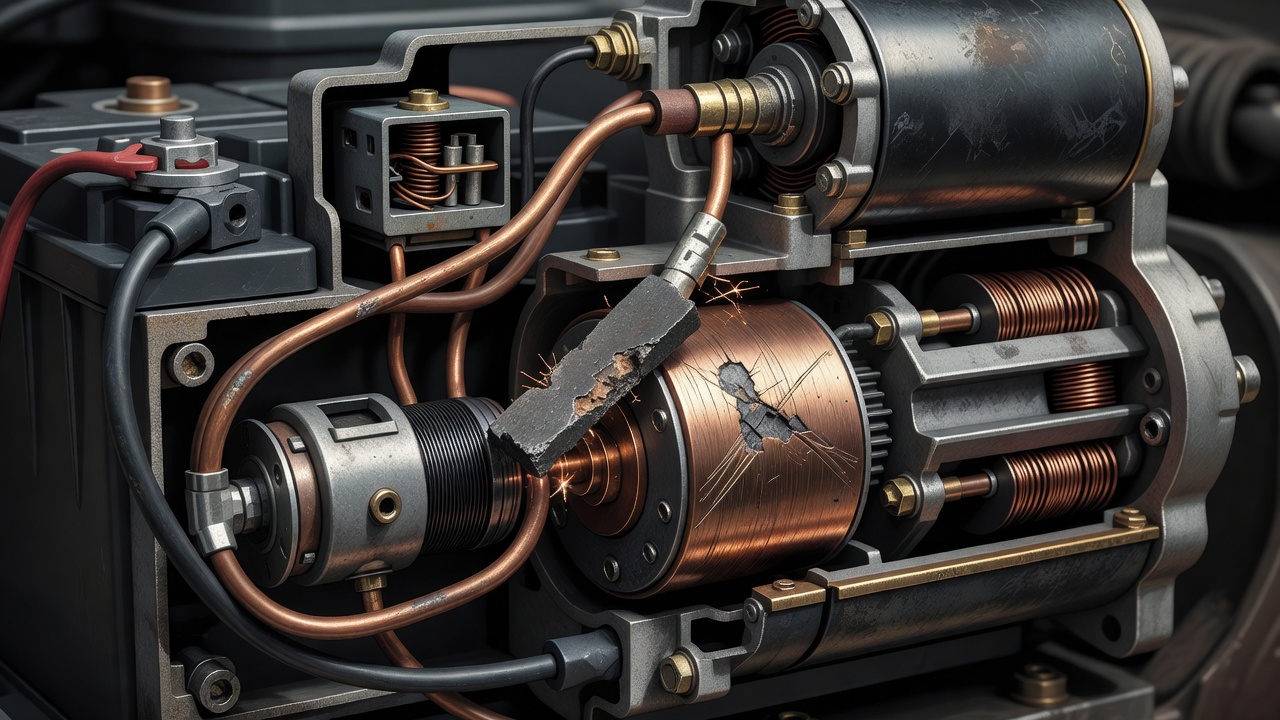 How to Test a Lawn Mower Starter Motor: Step-by-Step Diagnostic Guide Cutaway view of a lawn mower starting circuit highlighting worn brushes and a scored commutator inside the starter motor
