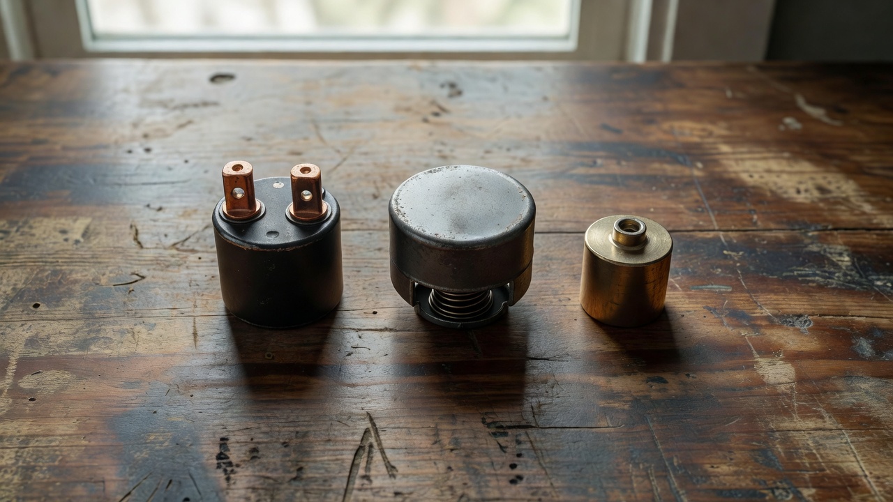 How Do You Test a Solenoid on a Lawn Mower? (Multimeter & Bypass Methods) Three types of lawn mower solenoids — starter, PTO, and fuel shut-off — arranged on a workbench