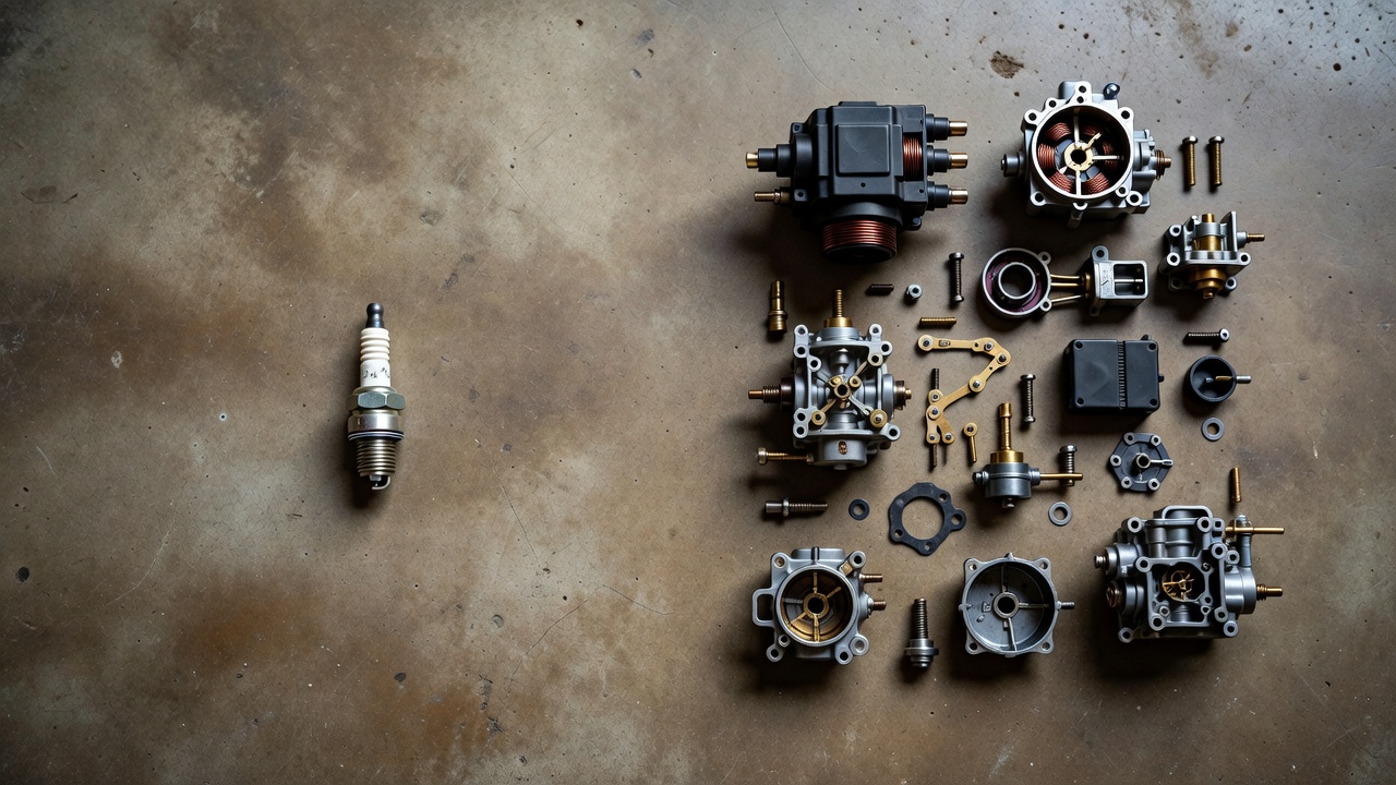 Spark plug compared to more expensive ignition and fuel components on a garage floor