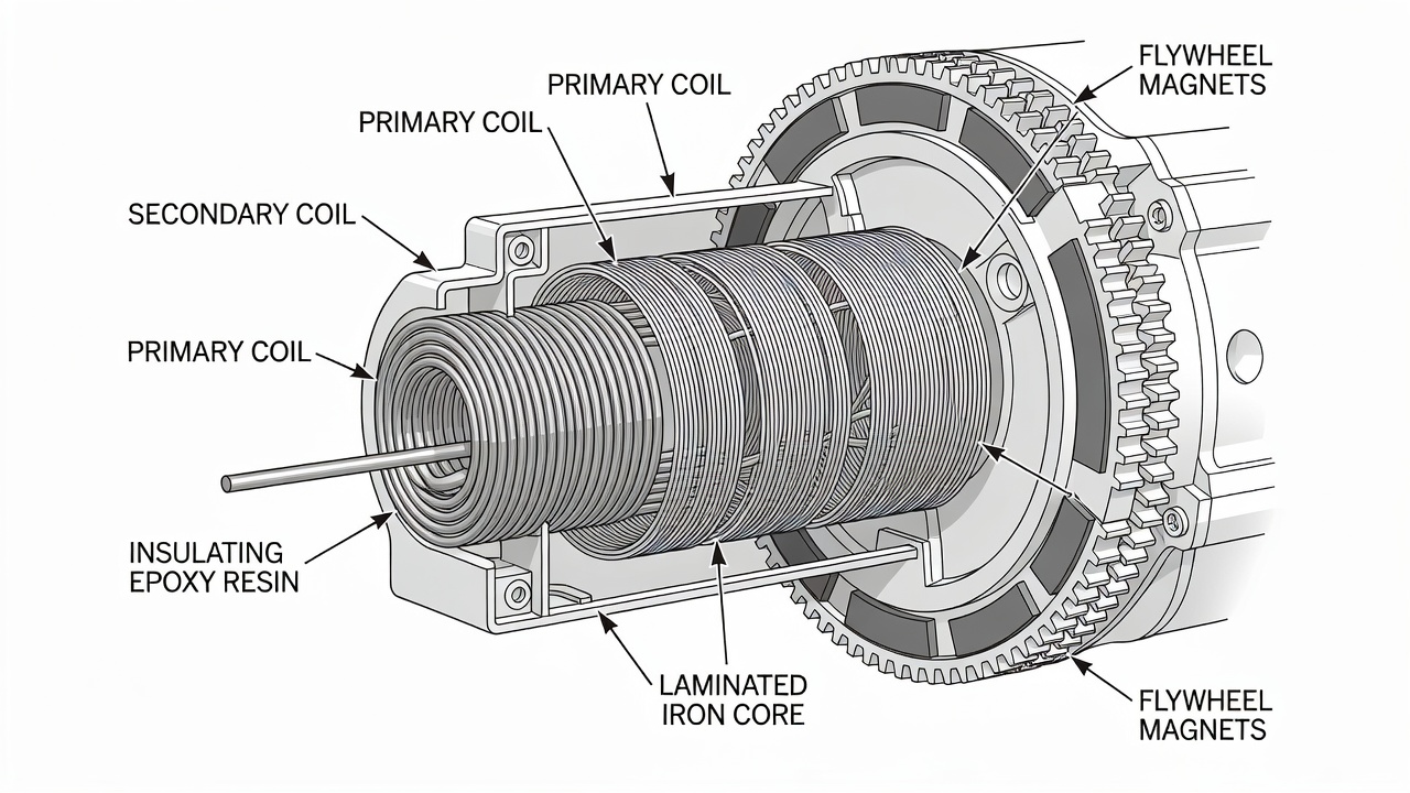 How to Test an Ignition Coil on a Lawn Mower: A Step-by-Step Guide Cutaway view of lawn mower ignition coil showing primary and secondary windings mounted near flywheel magnets