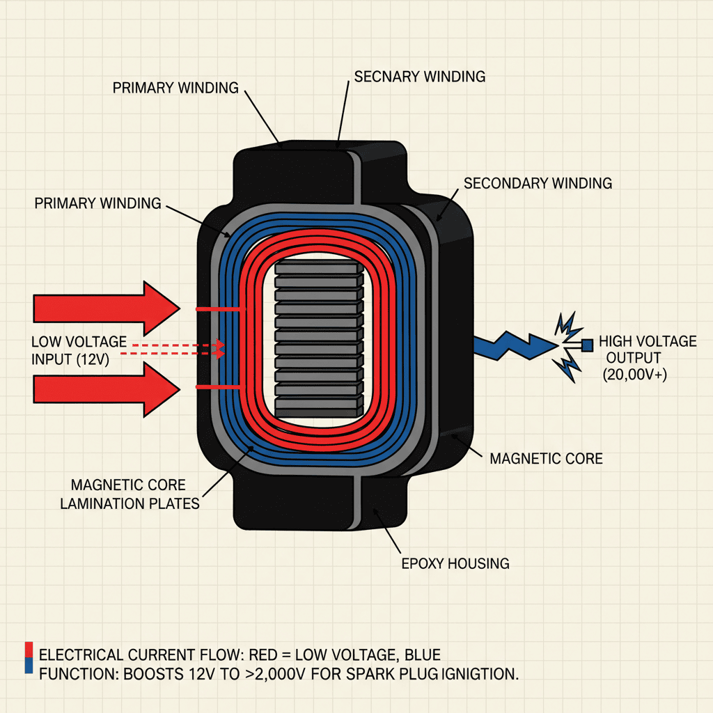 Internal structure of a lawn mower ignition coil showing primary and secondary windings