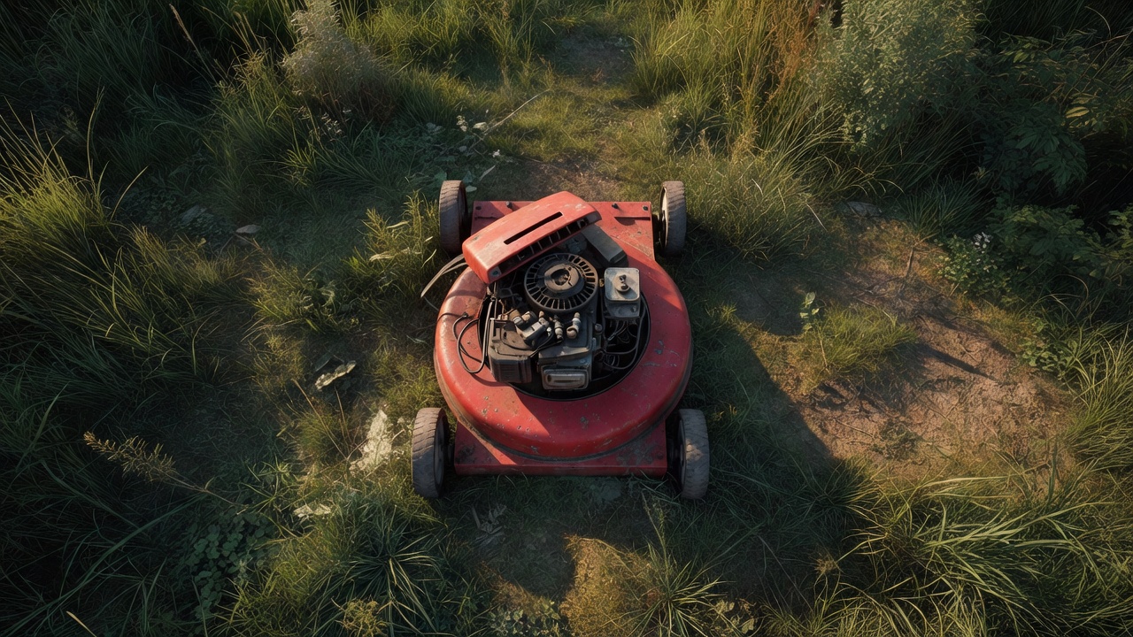 Lawn mower with engine shroud removed sitting in overgrown grass suggesting mechanical failure