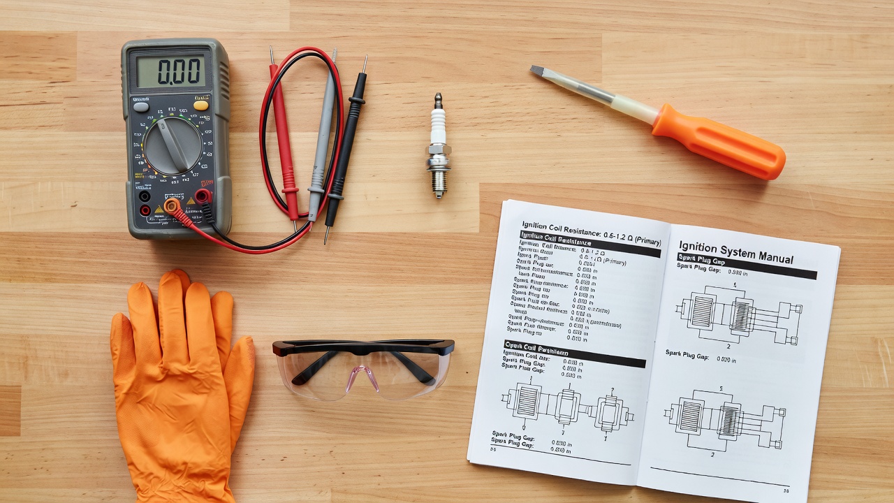 Tools for testing a lawn mower ignition coil laid out on a workbench