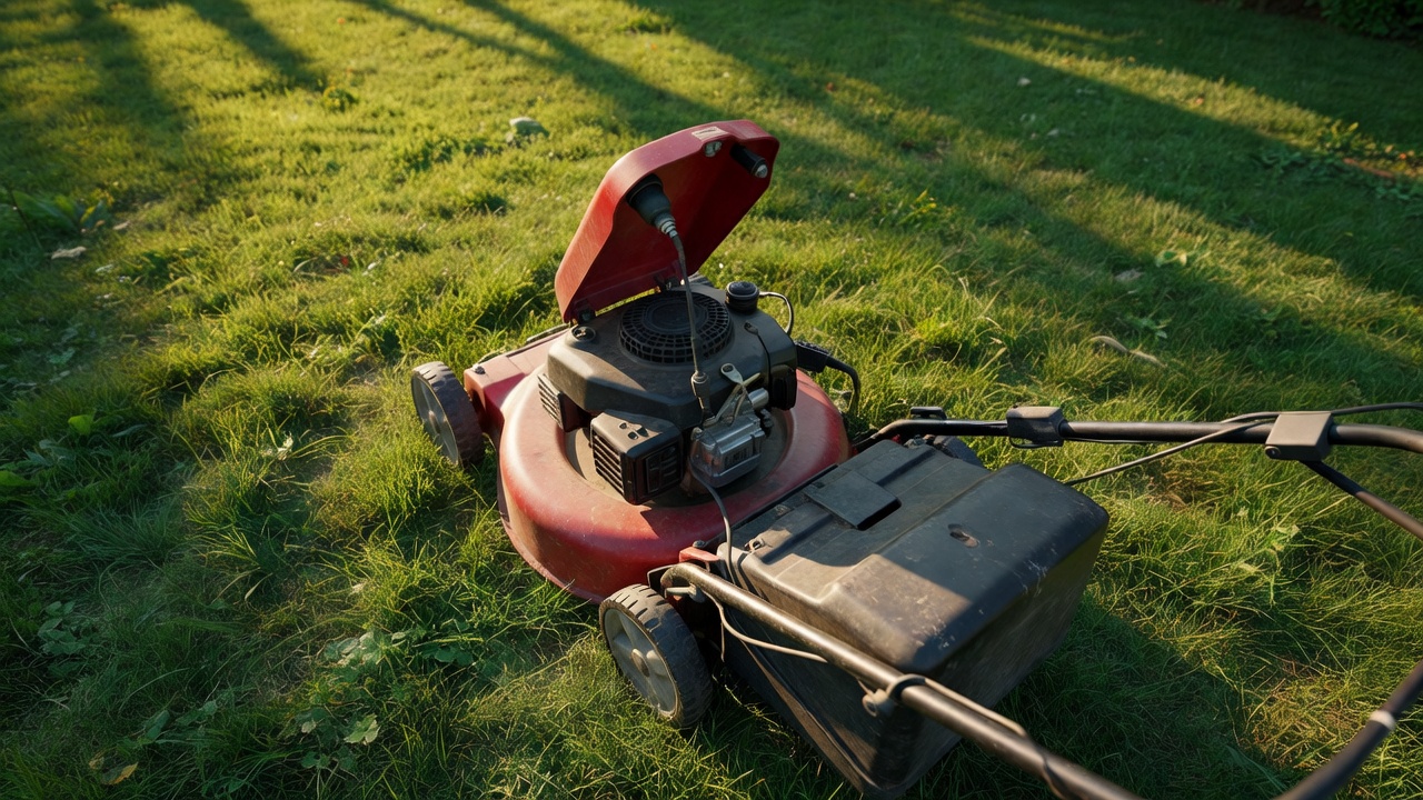 Walk-behind lawn mower with engine cover open showing spark plug location