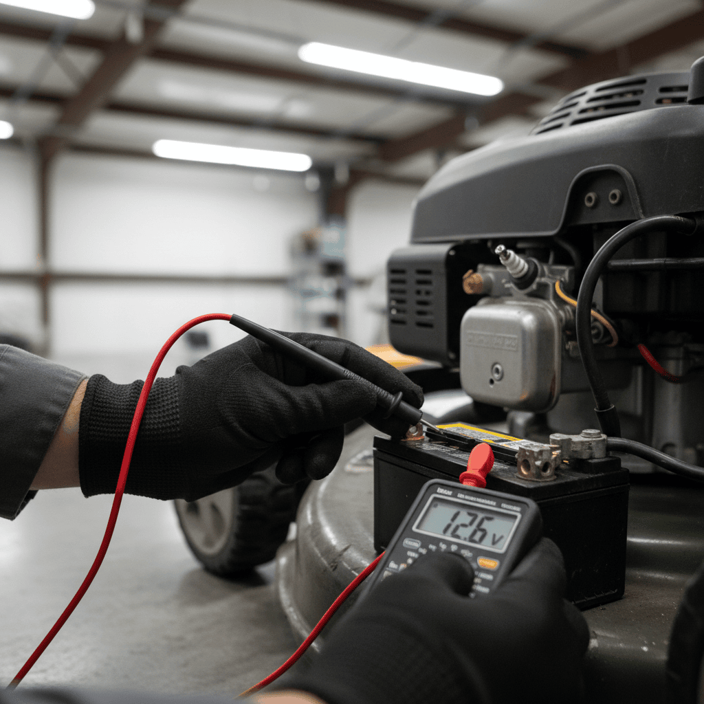 Close-up of a multimeter probe touching a lawn mower battery terminal