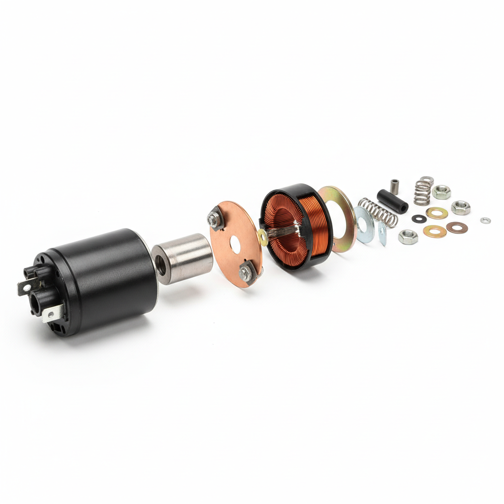 Disassembled lawn mower starter solenoid showing internal coil and copper contact components